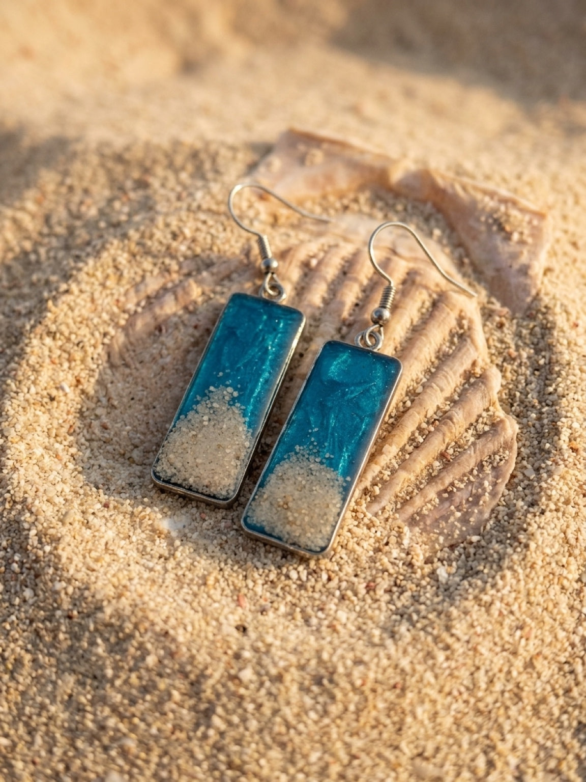 Silvertone Cayman sand rectangle earrings
