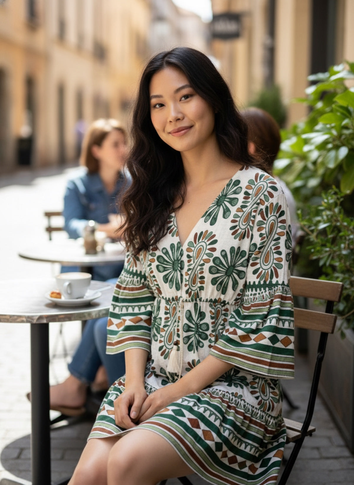 Border Print V-Neck Tunic Dress in Emerald