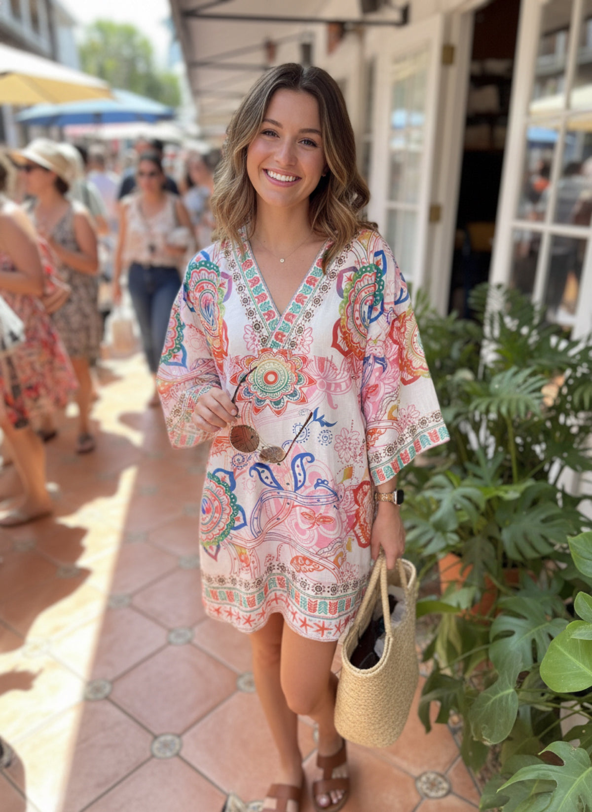 Colorful Floral Print Tunic Dress in Pink