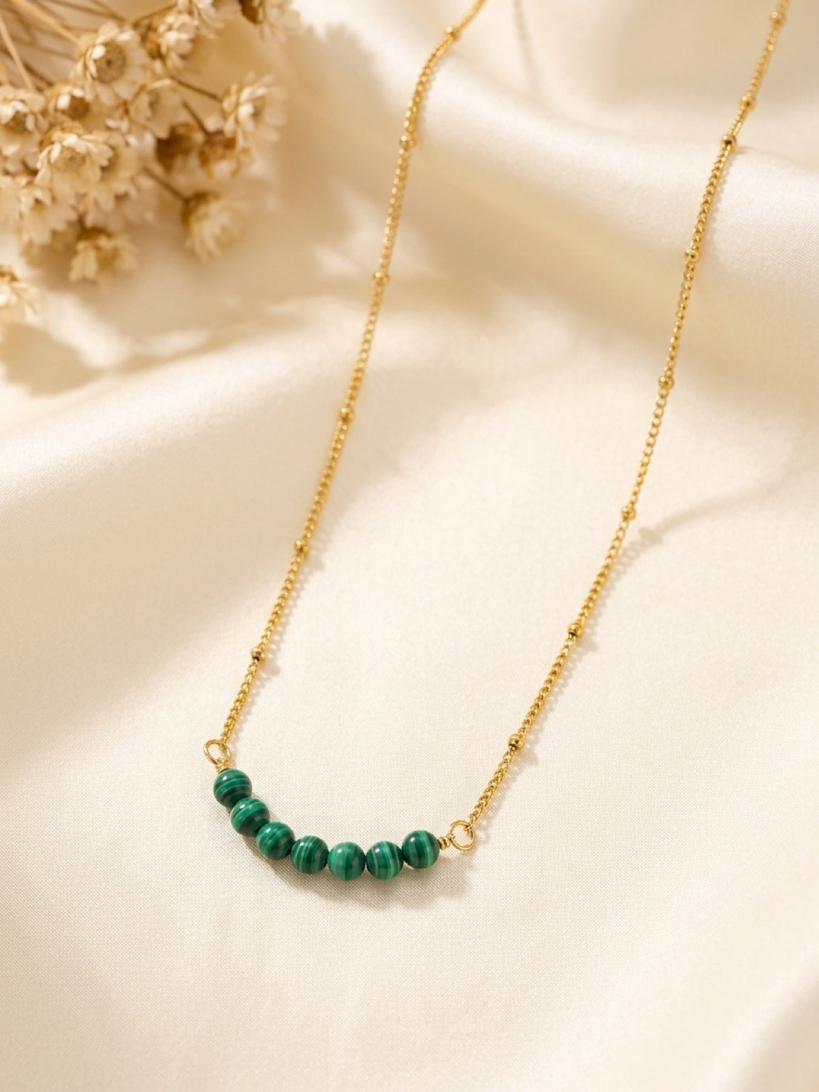 Malachite bead accent necklace with gold plated chain