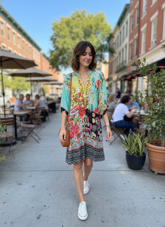 Pleated Button Front Botanical Print Dress