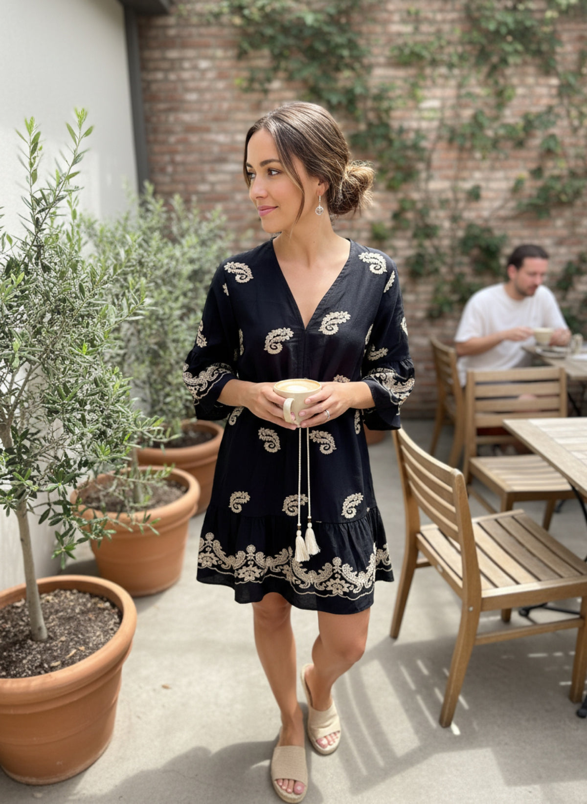 Motif Print Tunic Dress in Black