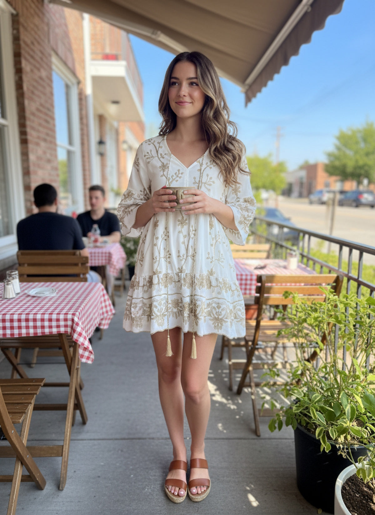 Cream and Gold Print Dress in Cream