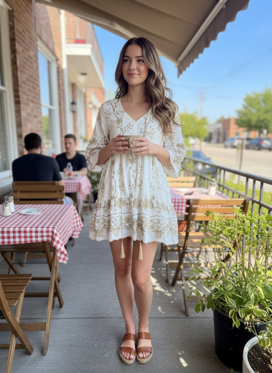 Cream and Gold Print Dress in Cream