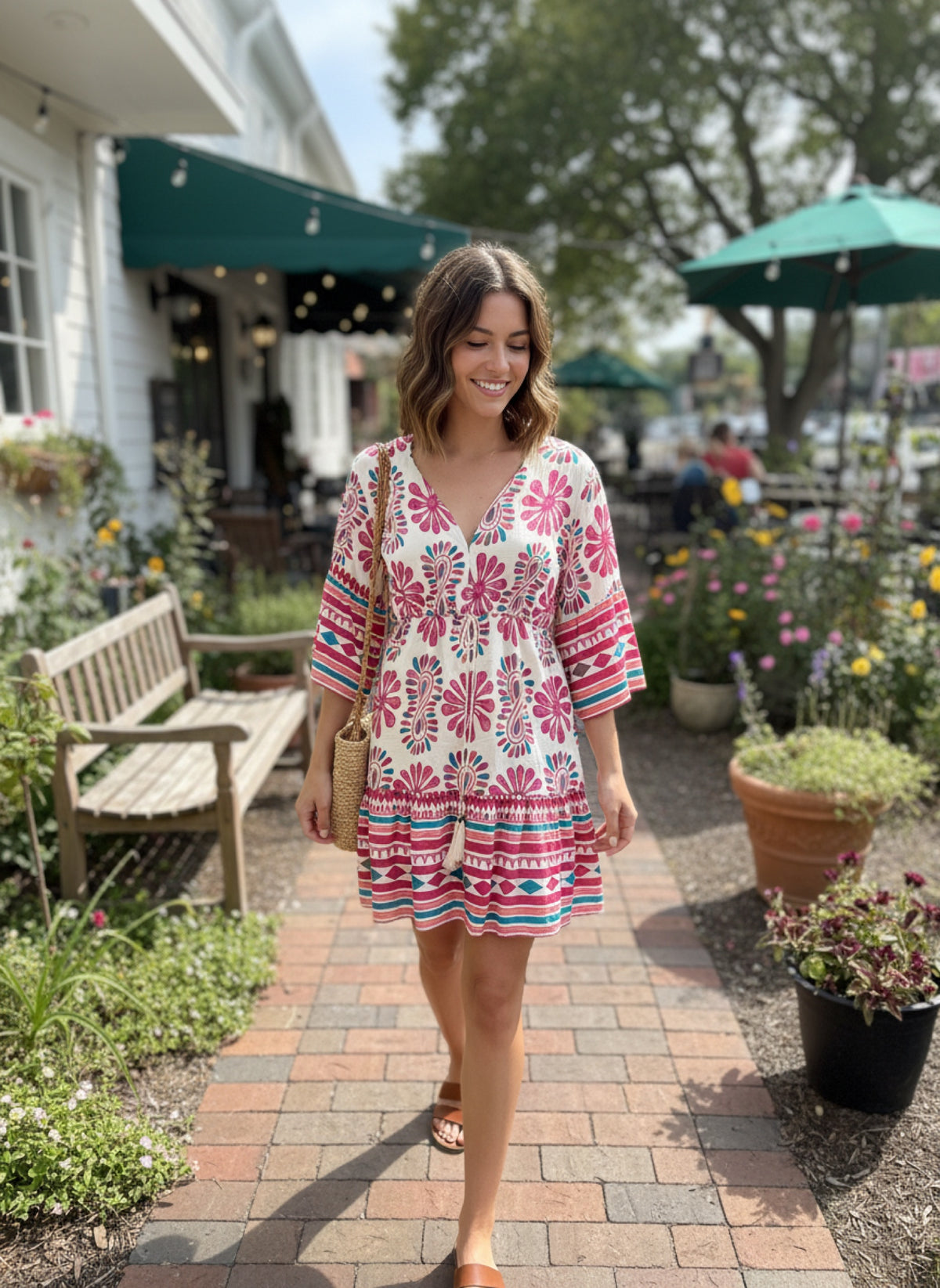 Border Print V-Neck Tunic Dress in Fuchsia