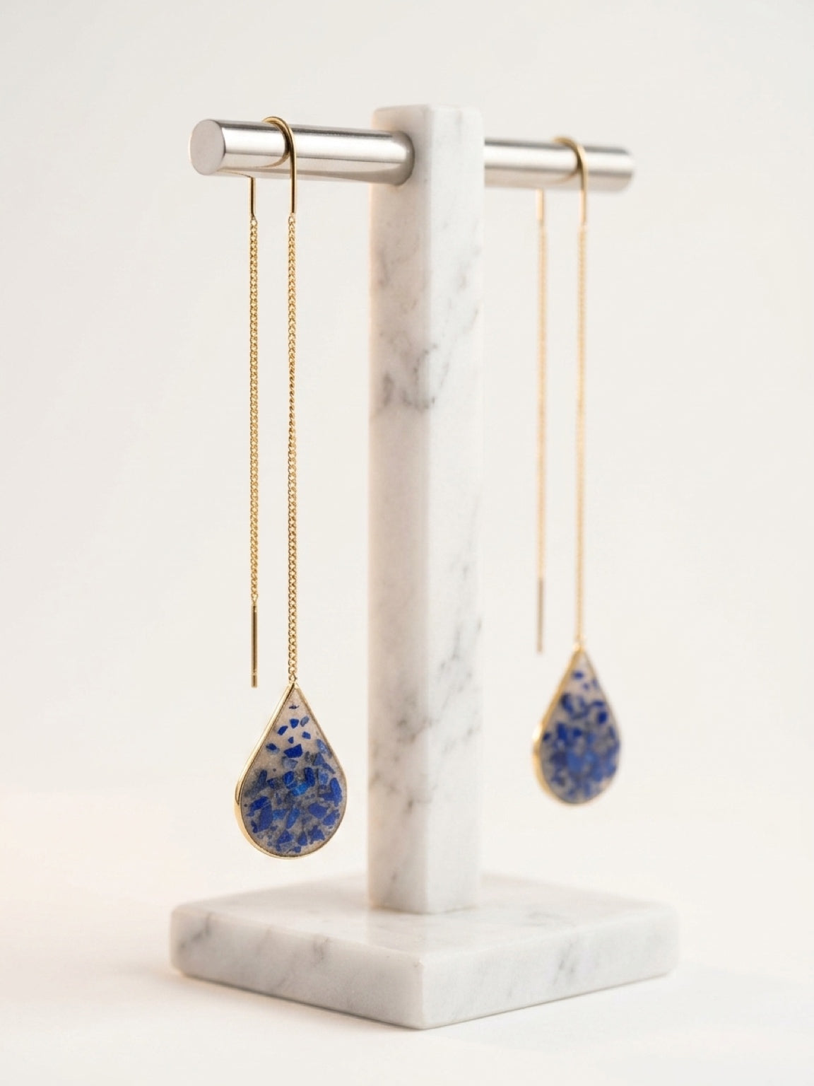 Long teardrop threader earrings with lapis stone