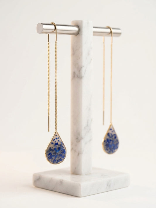 Long teardrop threader earrings with lapis stone