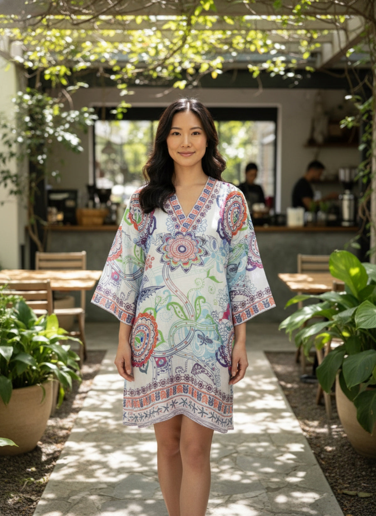 Colorful Floral Print Tunic Dress in Light Blue