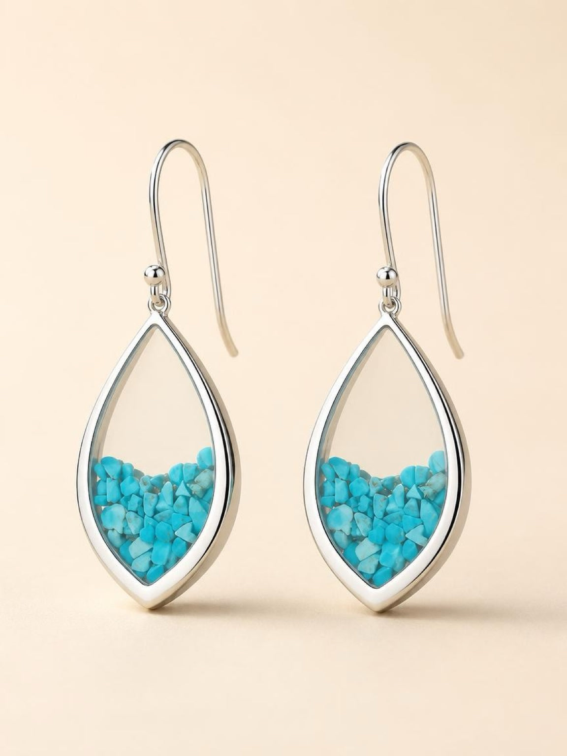 Turquoise chip teardrop earrings with sterling silver rhodium finish