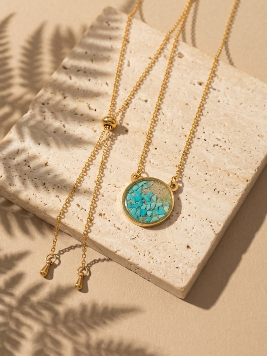 Gold plated adjustable chain necklace with turquoise circle pendant