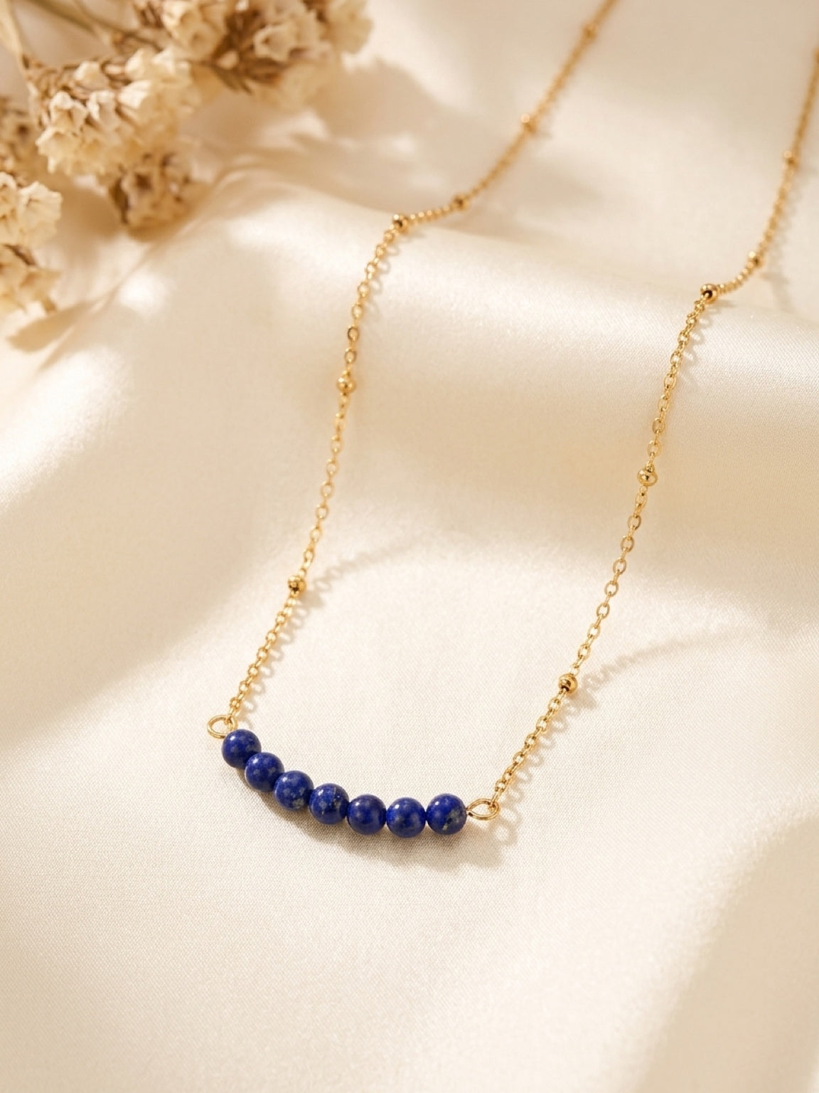 Lapis bead accent necklace with gold plated chain
