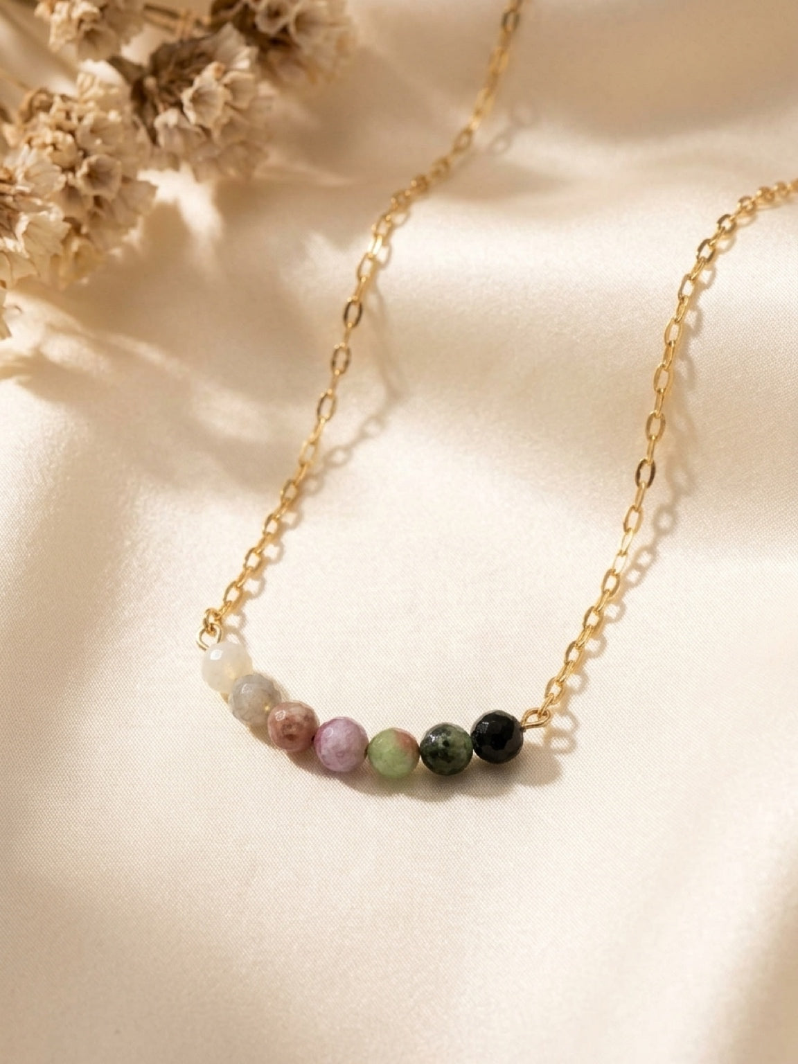 Tourmaline bead accent necklace with gold plated chain